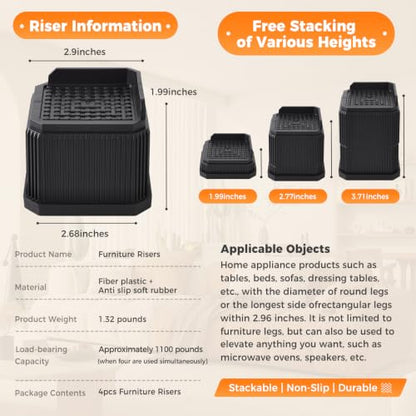 3.7 Inch Bed Risers - Black Adjustable Furniture Risers for Heavy Loads
