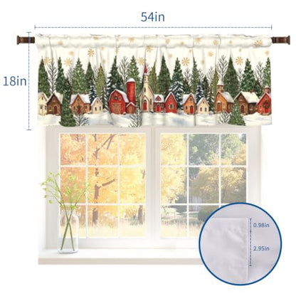 Christmas Village Snowy Window Valance - Rustic Winter Kitchen Decor 54x18 Inch - Variation 2