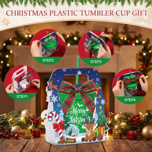 Christmas Plastic Tumblers 16oz Bulk Set with Gift Boxes & Ribbons - 24 Pack