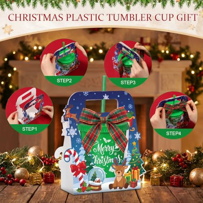Christmas Plastic Tumblers 16oz Bulk Set with Gift Boxes & Ribbons - 24 Pack