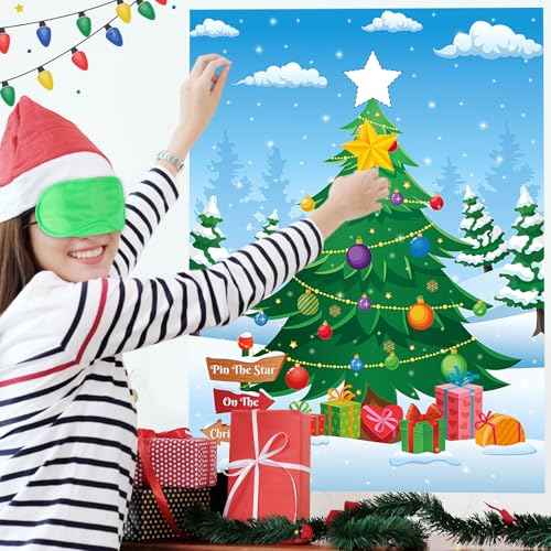 Faccito Pin The Star on The Christmas Tree Game Christmas Games for Party Xmas Games with Large Poster Sticker Blindfold Pin The Christmas Game for Holiday Group Family Winter Activities Supplies