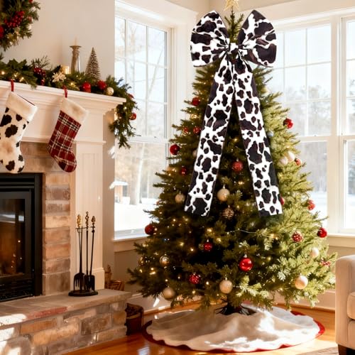 Large Cow Print Christmas Tree Topper Bow - Rustic Western Holiday Decor