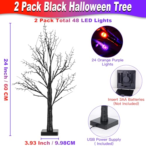 Indoor Halloween Decor 2 Pack Black 24-Inch Tree with Orange & Purple LED Lights - Timer & USB/Battery Operated, Spooky Tabletop Decorations Variation of Orange Purple