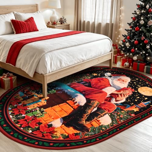 Red Christmas Oval Rug 4x6 Non Slip Washable Santa Bedroom Decor
