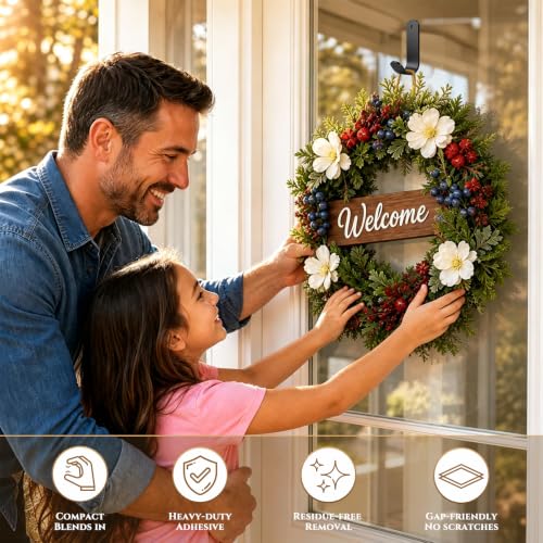 Heavy-Duty Adhesive Wreath Hanger 2 Pack - Black, Reusable Door & Window Hook