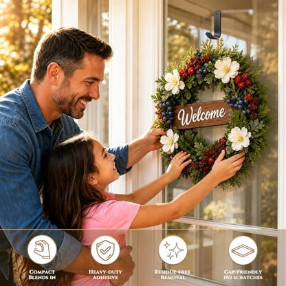 Heavy-Duty Adhesive Wreath Hanger 2 Pack - Black, Reusable Door & Window Hook