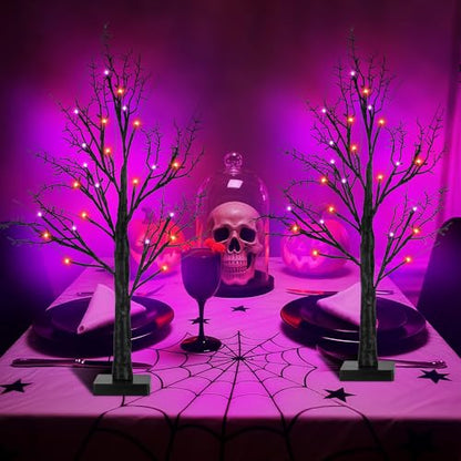 Indoor Halloween Decor 2 Pack Black 24-Inch Tree with Orange & Purple LED Lights - Timer & USB/Battery Operated, Spooky Tabletop Decorations Variation of Orange Purple