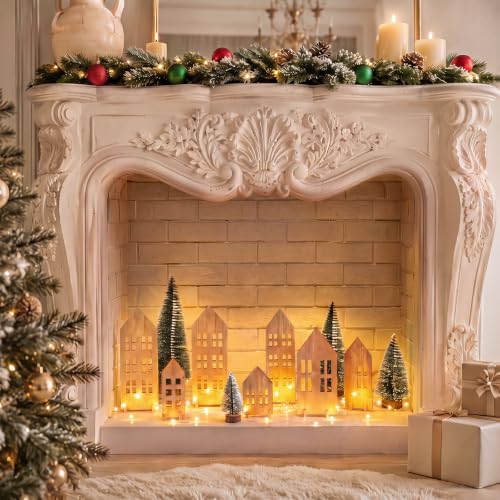 12-Piece Wooden Christmas Village Set with LED Lights and Mini Trees