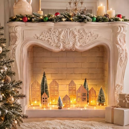 12-Piece Wooden Christmas Village Set with LED Lights and Mini Trees