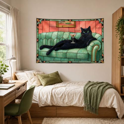 Black Cat Wall Tapestry - Green Couch & Wine Glass, 60x40 Inches - Variation of Black Cat Green Couch #TA005