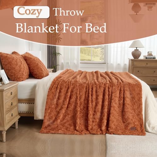 Faux Fur Rabbit Throw Blanket - Burnt Orange, 60x90 Inch Super Soft Plush Warm Blanket