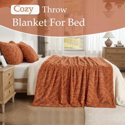 Faux Fur Rabbit Throw Blanket - Burnt Orange, 60x90 Inch Super Soft Plush Warm Blanket