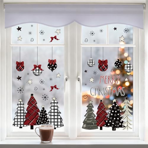 Merry Christmas Window Clings Set - Red Black Plaid Holiday Decor - 9 Sheets, 7.9 x 11.8 Inch - Double-Sided Christmas Stickers - Festive Home & Party Decorations - Variation of This Listing