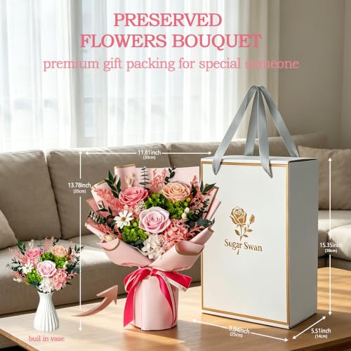 Pink Preserved Rose Bouquet Gift Box - Real Eternal Flowers for Women, Birthday, Anniversary, Valentine’s Day & Mother’s Day