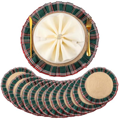 Christmas Plaid Round Placemats Set - Red Green, 12 Pack, 15.75 Inch