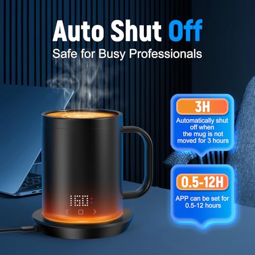 Rechargeable Self-Heating Coffee Mug with App Control, 150 Min Battery, LCD Screen, 14 Oz