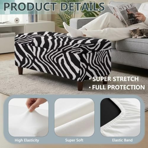 Zebra Stripe Print Rectangle Ottoman Cover - Medium Size, Stretch Slipcover for Storage Footstool, Bench, Furniture Protector