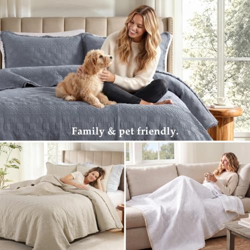 WDCOZY 100% Cotton Queen Size Quilt Set with Boho Fringe Geometric Stitch Beige - Queen (90x96)