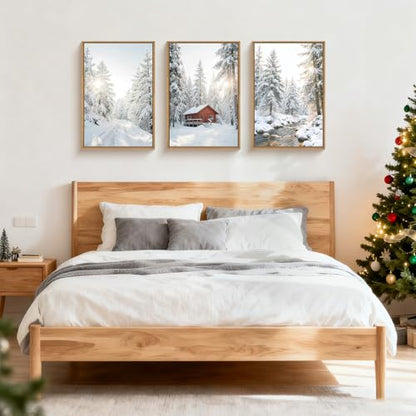 Christmas Winter Canvas Wall Art Set - Red Barn Snowy Forest Landscape 16x24 in - Farmhouse Cabin Decor with Framed Prints - Variation: Red Cabin in Snowy Forest