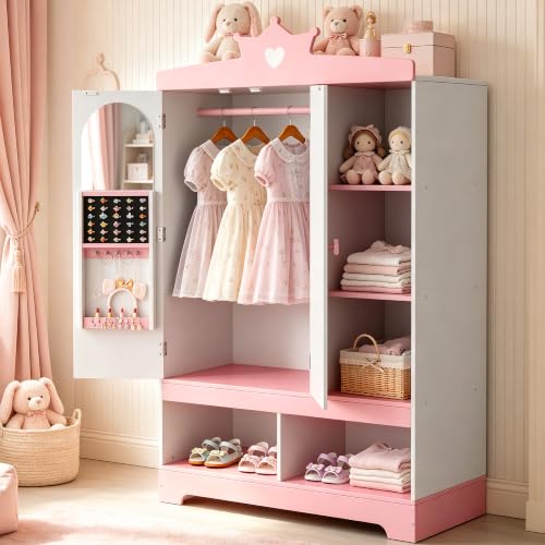 Kids Dress Up Storage Armoire with Hidden Jewelry Cabinet & Mirror - Toddler Wardrobe Organizer