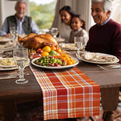 Rust Multicolor Harvest Plaid Table Runner - 13x108 Inches Cotton