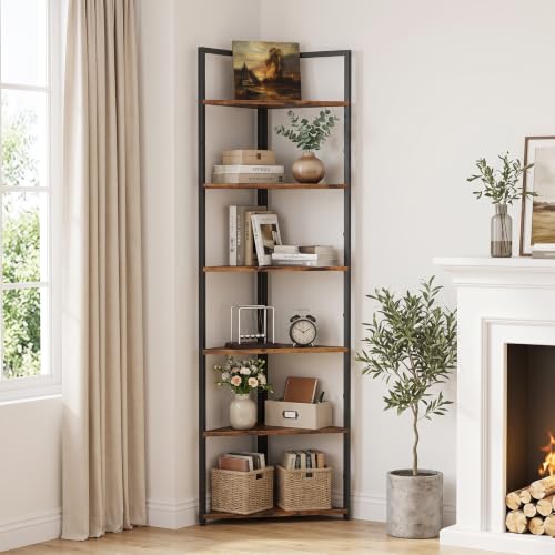71-Inch Tall Corner Shelf with 6 Metal Tiers, Rustic Brown Storage Unit - Variation of THIS listing