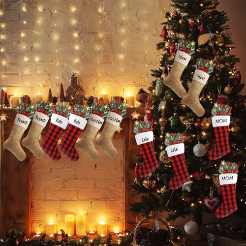 Christmas Burlap Stockings Hanging Set - Light Brown, Red & Black, 12 Pack