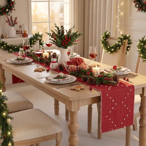 Red Farmhouse Rustic Cotton Woven Table Runner 12x36 Inch for Holiday & Home Decor
