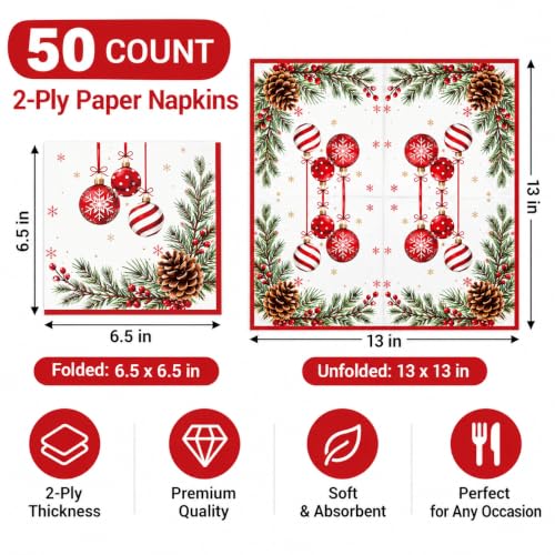 Christmas Paper Napkins 50 Pack - Festive Holiday Party Disposable Decor