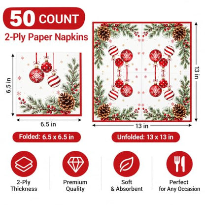 Christmas Paper Napkins 50 Pack - Festive Holiday Party Disposable Decor