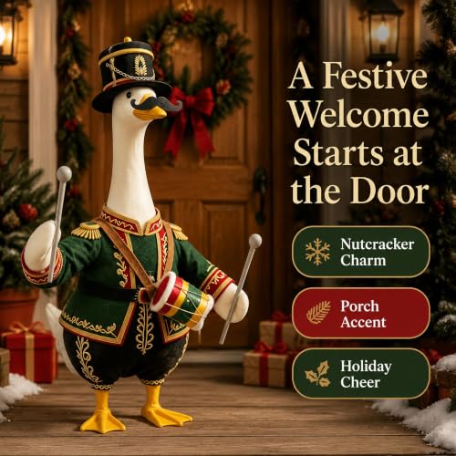 Nutcracker Soldier Porch Goose Outfit - 23 Inch Holiday Decor with Green Drum Variation