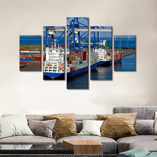 60x40 Inch Canvas Wall Art Container Ship and Crane - Ready to Hang, 5 Panels - Port Scene Artwork
