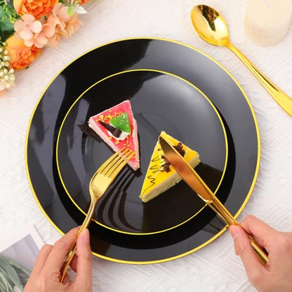 Black and Gold Disposable Dinnerware Set for 50 Guests - Plates, Cutlery & More