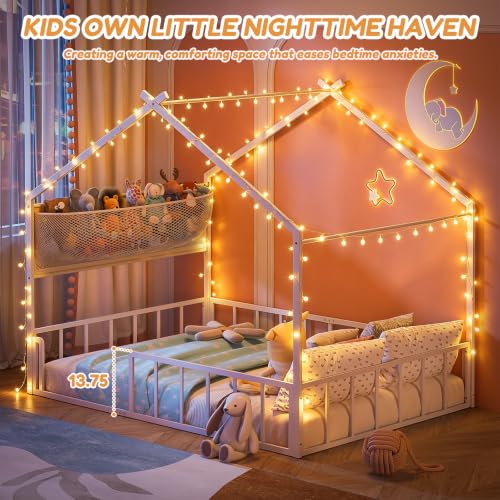 Timy Metal House Bed Frame Full Kids Floor Bed with Plushie Storage Net - White