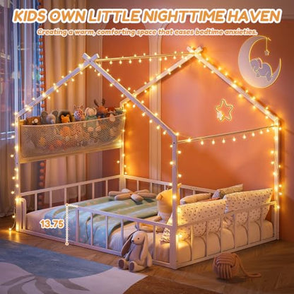 Timy Metal House Bed Frame Full Kids Floor Bed with Plushie Storage Net - White