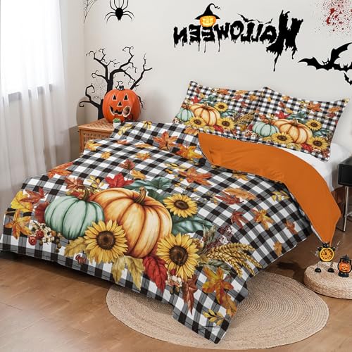 Halloween Duvet Cover Set King Size 3 Pieces - Pumpkin Sunflower Maple
