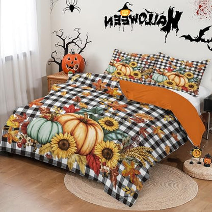 Halloween Duvet Cover Set King Size 3 Pieces - Pumpkin Sunflower Maple