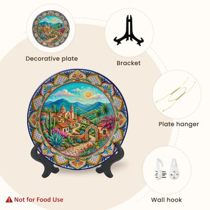 10-Inch Colorful Ceramic Decorative Plate with Stand & Wall Hook - Mexican Village Landscape
