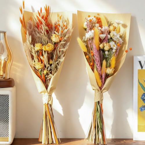Orange Dried Flower Bouquets - Handmade Boho Floral Arrangement Set of 2