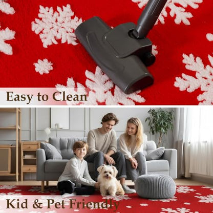 Red Snowflake Christmas Area Rug 5x7ft Washable Non-Slip Indoor Carpet - HUGEAR