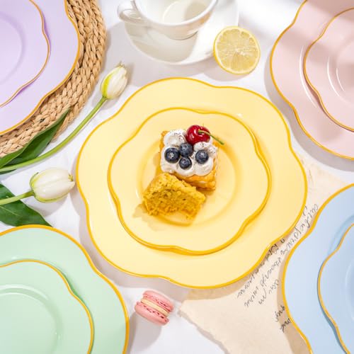Yellow Plastic Plates Set with Gold Accents - Floral Style 50PCS for Parties & Events