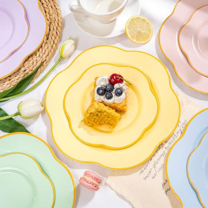 Yellow Plastic Plates Set with Gold Accents - Floral Style 50PCS for Parties & Events