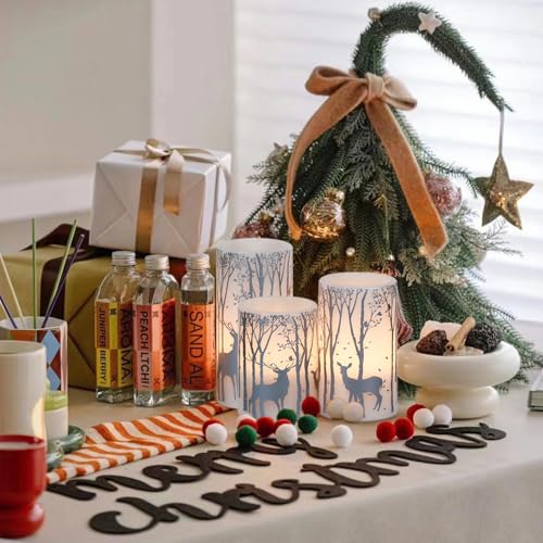 3-Birch Silver Reindeer Christmas Flameless Pillar Candles with 6H Timer