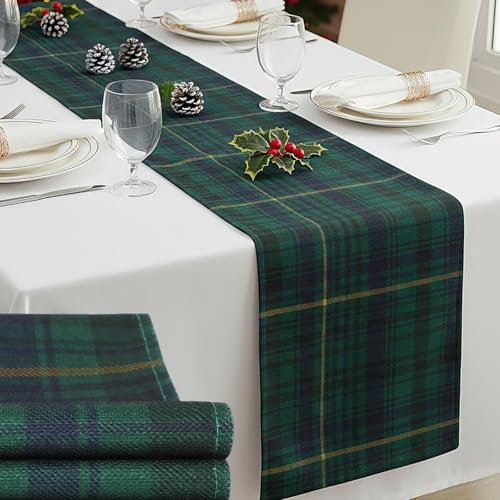 2 Pack Christmas Table Runner - Green and Blue Tartan Linen, 70.87 x 12.99 Inches