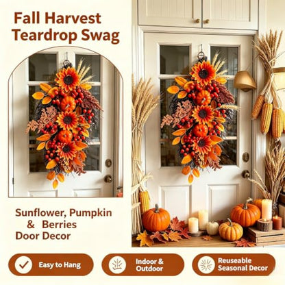 Fall Harvest Teardrop Swag for Front Door Thanksgiving Decor