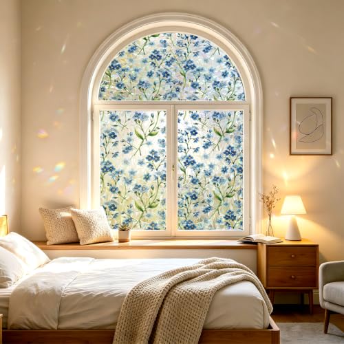 Stained Glass Window Privacy Film Blue 17.7 x 78.7 in - Vintage Floral Pattern