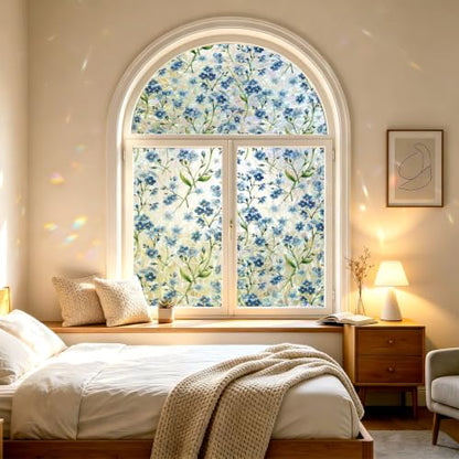 Stained Glass Window Privacy Film Blue 17.7 x 78.7 in - Vintage Floral Pattern