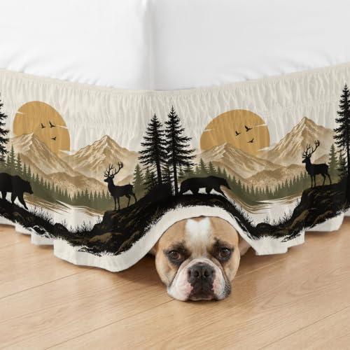 Queen Size Bear Deer Mountain Bed Skirt 16-Inch Drop Rustic Black Brown