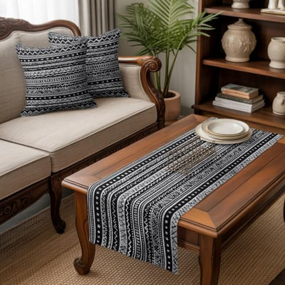 94x20 Inch Boho Bed Runner Set with 2 Pillow Covers - Black White Tribal Geometric
