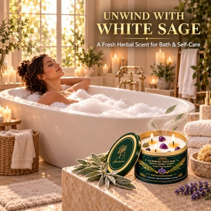 White Sage Candle with Crystals - 12 oz 3-Wick Soy Aromatherapy Candle - Variation: White Sage 1 Pack